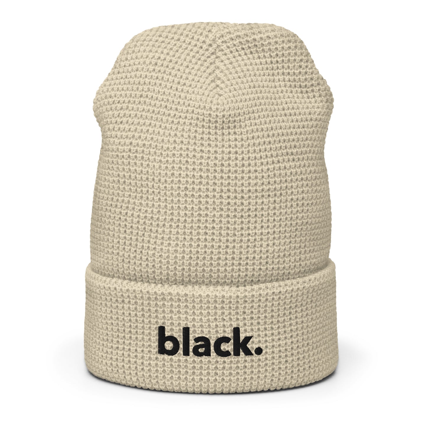 black. waffle beanie on Tan